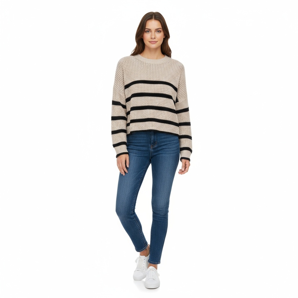 Just Polly Womens‎ Sweater Size S Beige Black Striped Cropped Knit Trendy Casual